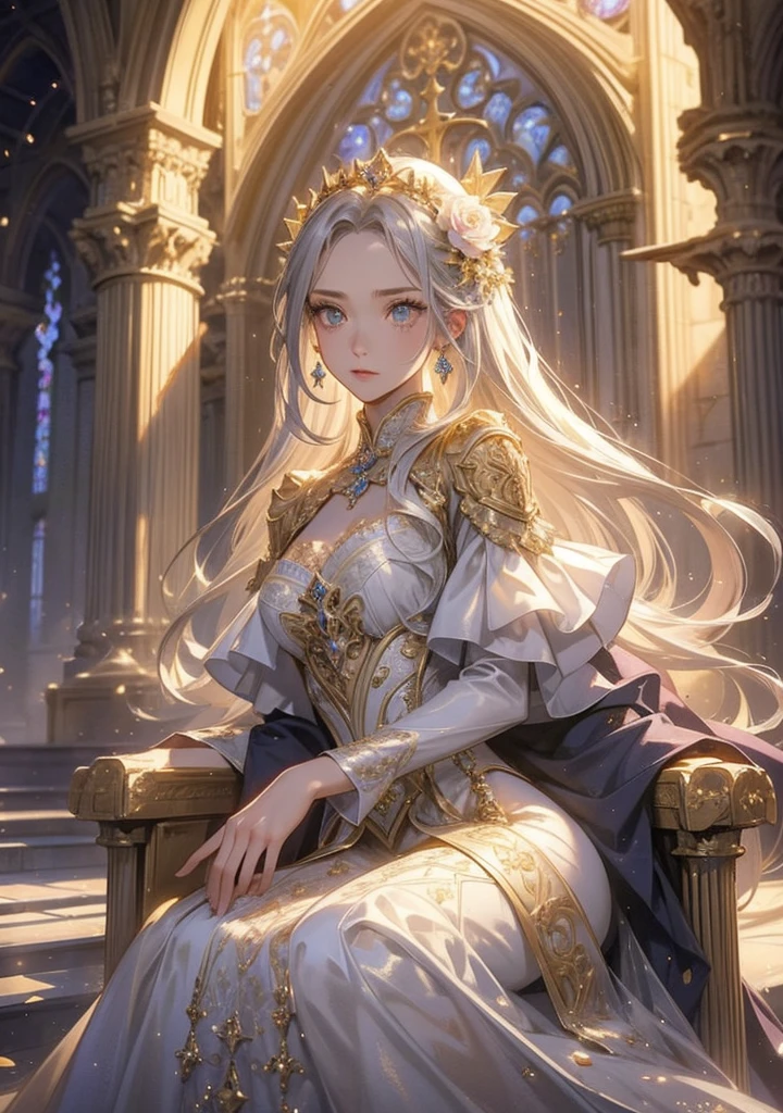 (Highest quality)),(Ultra-high resolution),(Super detailed),(Detailed Description),((The best CG)),(masterpiece),Highly detailed art,(Art with precise details:1.5), (Queen in a pure white dress:1.3),A confident and beautiful face:1.4,(Smile:1.3),Sparkling Jewelry:1.2,(A luxurious throne with intricate carvings:1.3),crown:1.3, (White Rose:1.3),(Sculptural works:1.6)