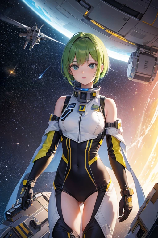 A beautiful, cute girl in a futuristic green astronaut suit, sitting on the surface of a distant moon with a serene expression. Her suit is detailed with glowing green panels and high-tech elements, reflecting the starlight around her. In the background, a large, green-hued planet glows softly amidst a star-filled cosmic sky. Digital currency coins are scattered on the rocky lunar surface, adding a sci-fi financial twist to the scene. The stars twinkle brightly, and the entire composition is bathed in varying shades of green, creating a tranquil yet adventurous atmosphere in space.