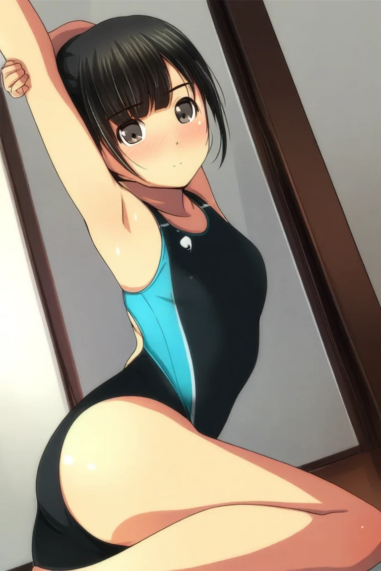 ((Highest quality)), ((masterpiece)), Perfect Face, Anime Style、Small breasts、Adult women、Tight waist、Rhythmic gymnast、Long ponytail、Front parting, Black Hair、(sideburns)、((tsurime))、((small eyes)), Pink eyes、White leotard、High leg、gym、On the mat、Standing and stretching、Dynamic Angle