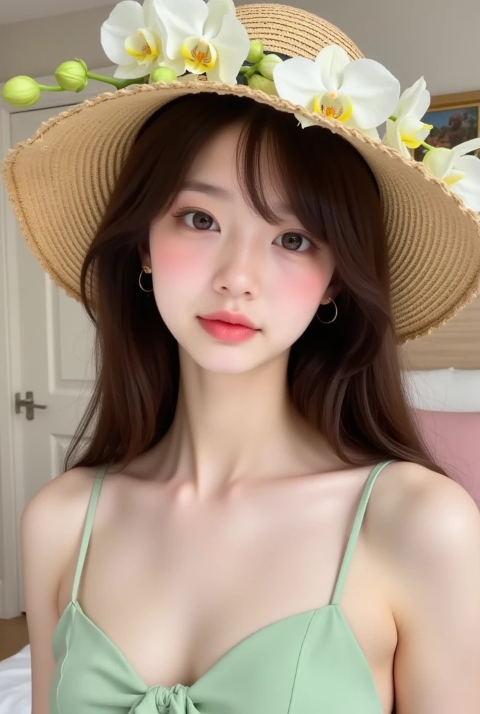 (2 pure Japanese girl,), (Small breasts:1.5,),(Mole on left side of neck:1.5),(solo,,Textured skin, Detailed skin,Detailed face,Detailed eyes,detailed posing,Natural eyebrows,Sparkling Eyes,High detail, Highest quality, Super detailed, Surrealism, ,8k,RAW Photos,Photographicism,Professional Lighting,Ray Tracing,Portrait Photography,Natural Light),(((Black Hair, Natural Makeup,Simple earrings, Low bun hairstyle,))),(((Summer resorts on the plateau,Cafe on the open terrace,Holding a gorgeous matcha shaved ice,White straw hat,Beige V-neck sweater,Dutch Angle, )))