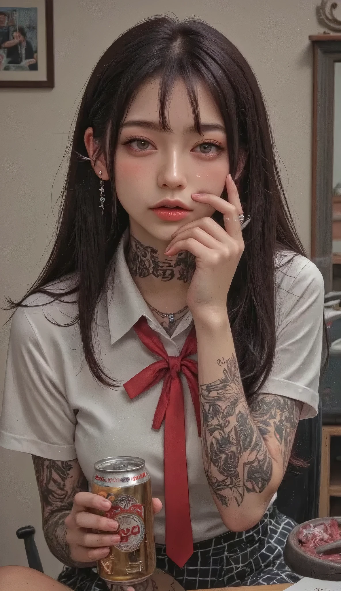 ((real mix、 ultra high definition image 、Top Quality、masterpiece))、((Wear a Japanese girls' high school、navy blue blazer、emblem、white thin fabric blouse、red ribbon tie、check mini skirt))、((Beautiful Japanese girl、long hair dyed pink、pretty face、二重eyelidの大きな目、アヒルのlips、厚いlips))、((slender figures、Round and beautiful breasts、constricted waist、long legs、Long arms))、(((Realistically accurate depictions with all detailed details、(lots of earrings、nose、ear、lips、eyelid:2.0)、Mr.々Accessories、( Beautiful Tattoo 、bold tattoo:2.0)、))、(((He holds Japanese canned beer in his left hand、Draw canned beer realistically and accurately、I'm picking a cigarette with my right hand and smoking、Real cigarette smoke、喫煙するMr.子をリアルに正確に描く:2.2)))、((((Beautiful high school girl smoking cigarettes, drinking canned beer, and relaxing、Draw smoky cigarettes realistically and accurately、realistically and accurately the size of a beer can、Scale))))
