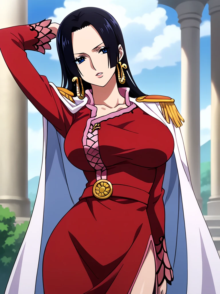 (masterpiece, best quality:1.2), cowboy shot, solo, 1girl, boa hancock, smile, looking at viewer, hand on hip, cape, epaulettes, cleavage, jewelry, earrings, midriff,NSFW,official art,extremely detailed CG unity 8k wallpaper, perfect lighting, (masterpiece:1.0),(best_quality:1.0), ultra high res,4K,ultra-detailed, photography, 8K, HDR, highres, absurdres:1.2, Kodak portra 400, film grain, blurry background, bokeh:1.2, lens flare, (vibrant_color:1.2),(beautiful_face:1.5),(narrow_waist),(perfect hands, perfect anatomy), big breasts, wide hips
