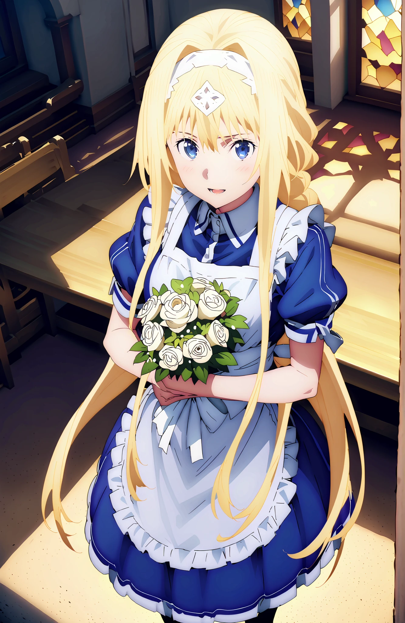 Alicesburg, Alice Zuburg, bungs, Gold, hair between eyes, Very braided, headband, white headband,smile,blush,open your mouth,
break dress, bow, ribbon, Short sleeve, frills, apron, puffy Short sleeve, Blue clothes, white bow, white apron, frilled apron,Holding a bouquet with both arms,stained glass,STANDING,full bodyがillustrationsに入るように,
break indoors,church,
break looking at viewer,full body,
break (masterpiece:1.2), Top Quality, high resolution, Unity 8k 壁紙, (illustrations:0.8),highly detailed faces, perfect lighting on the table, extremely detailed CG, (perfect hand, perfect anatomy),