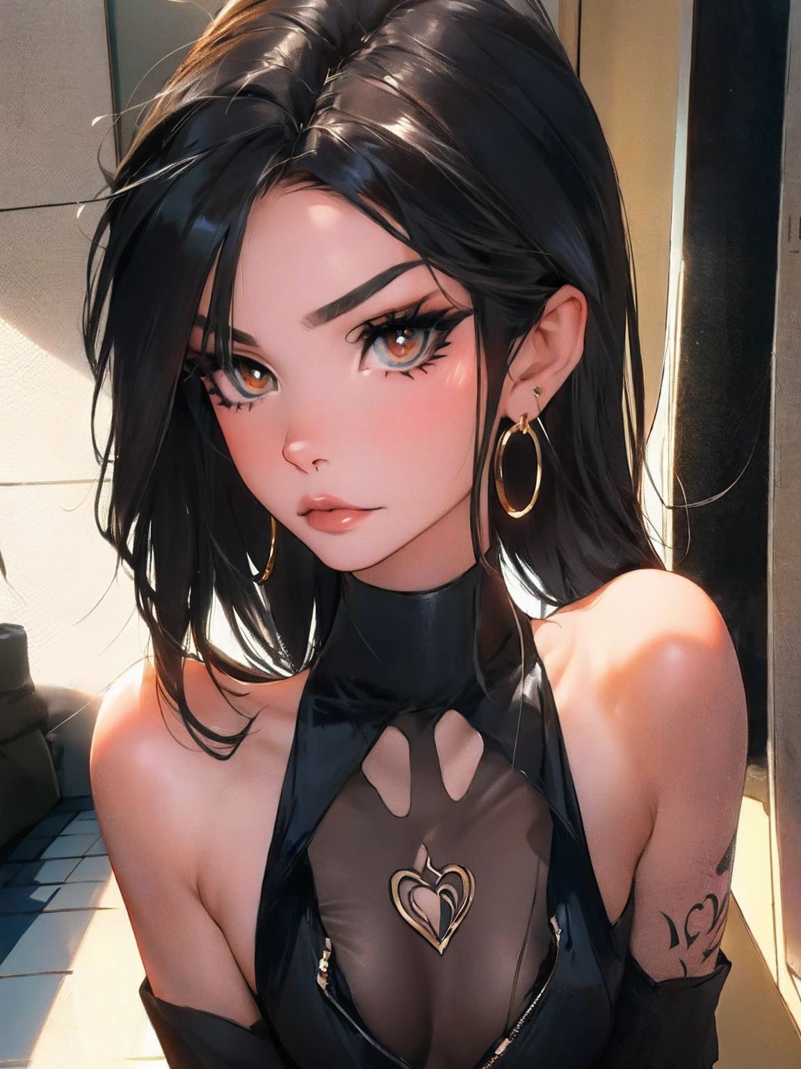 Amazing portrait of a sexy woman with her hair tied in two pigtails with her eyes emphasised by smokey eyeliner gazing at us seductively with her perfect lips in a mischievous smile wearing a tight red crop top showcasing her medium chest and a black skirt with black fishnet leggings showing her voluptuous body