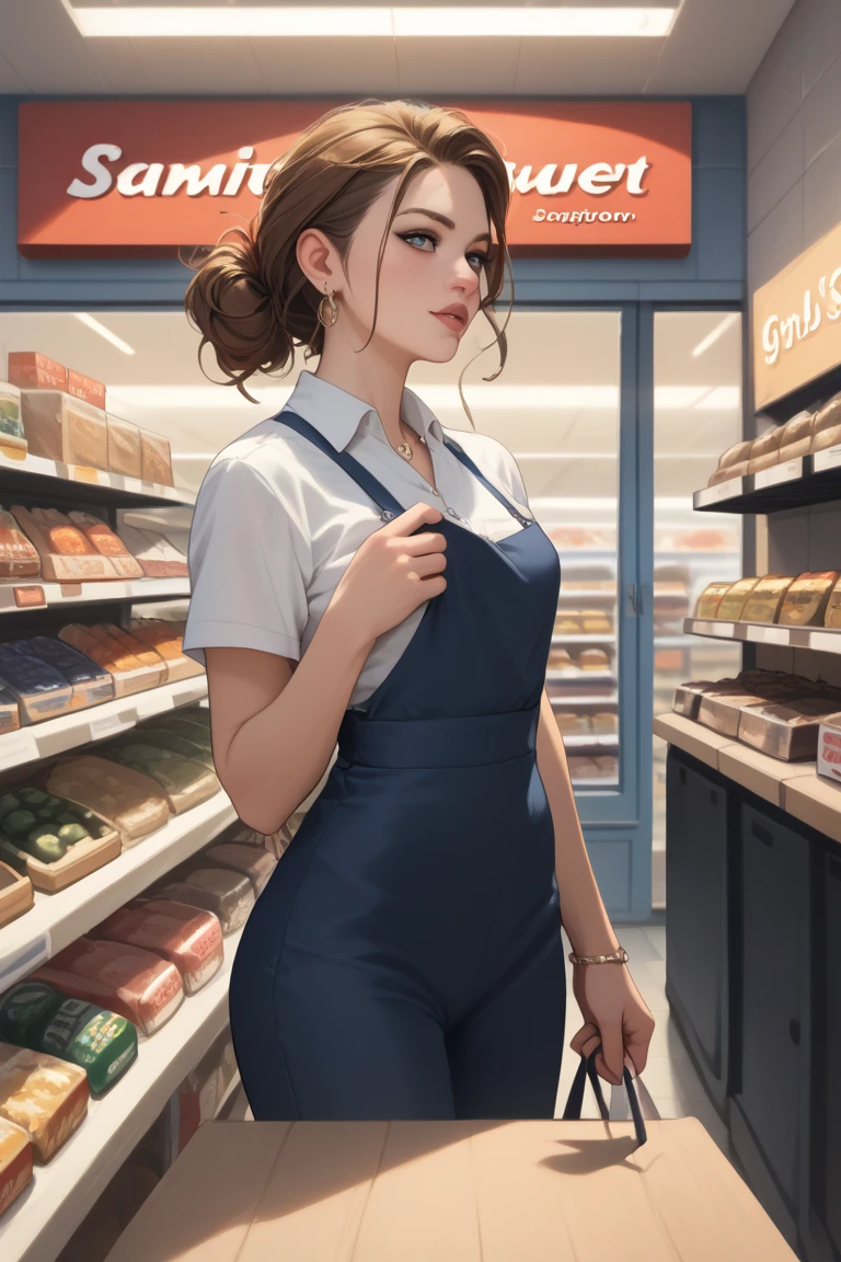 20 years old woman, Short brown hair, Mediterranean with blue eyes, Generous and heavy breasts, slender waist, estomac defini, fesses rebondies et pulpeuses, naturally curved, muscular thighs, aguicheuse, dans un centre commercial , in long skirt and blouse, lunettes, queue de cheval, neckleace, earrings, plunging neckline, ponytail