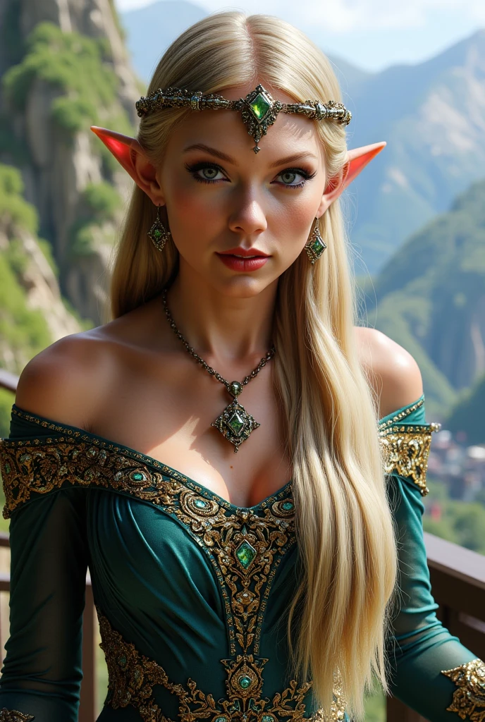 FACE SHOT OF BEAUTIFUL BOMBSHELL TOLKIEN ELF WOMAN, 30 YEARS OLD, HUGE LONG PLATINUM HAIR, BRAIDED HAIR, VERY PALE SKIN, EXPRESSIVE TURCOISE EYES, LOVELY FACE, ENIGMATIC FACE EXPRESSION, GORGEOUS LIPS, ROSY CHEEKS, HIGH CHEEKBONES, MENTAL FORAMEN, EXPOSED ELF TIP EARS, SILVER TIARA, PLATIMUN EYEBROWS, FULL NECK CLEAVAGE, LIGHT BLUE NECK VICTORIAN DRESS, ATHLETIC CURVY BODY, SIDE ANGLE SHOT, DEEP FORREST, DAYLIGHTS, BACK LIGHTS, SUN LIGHTS, MASTERPIECE, ACCURATE IMAGE