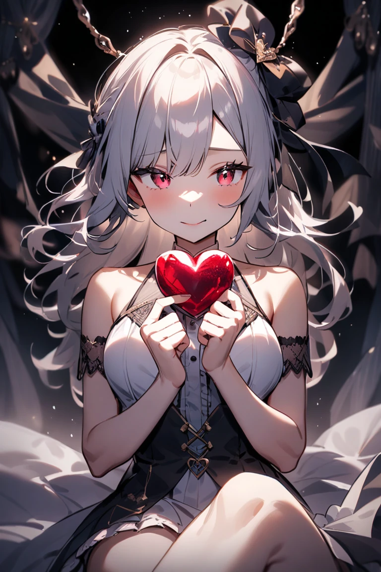 (best quality, ultra-detailed, photorealistic: 1.39), bright and vibrant colors, studio lighting, romantic expression, An effeminate girl, with a delicate and beautiful face. Beautiful and seductive adult elf with her big breasts seduces, She holds a heart pillow saying thank you my followers, with an expression of desire that matches her mischievous smile, beautiful strap dress, transparent dress, she has white curly hair, choker, in a pose in the living room, night, manga style, anime features manga style, fully body , she is in love, anime style
