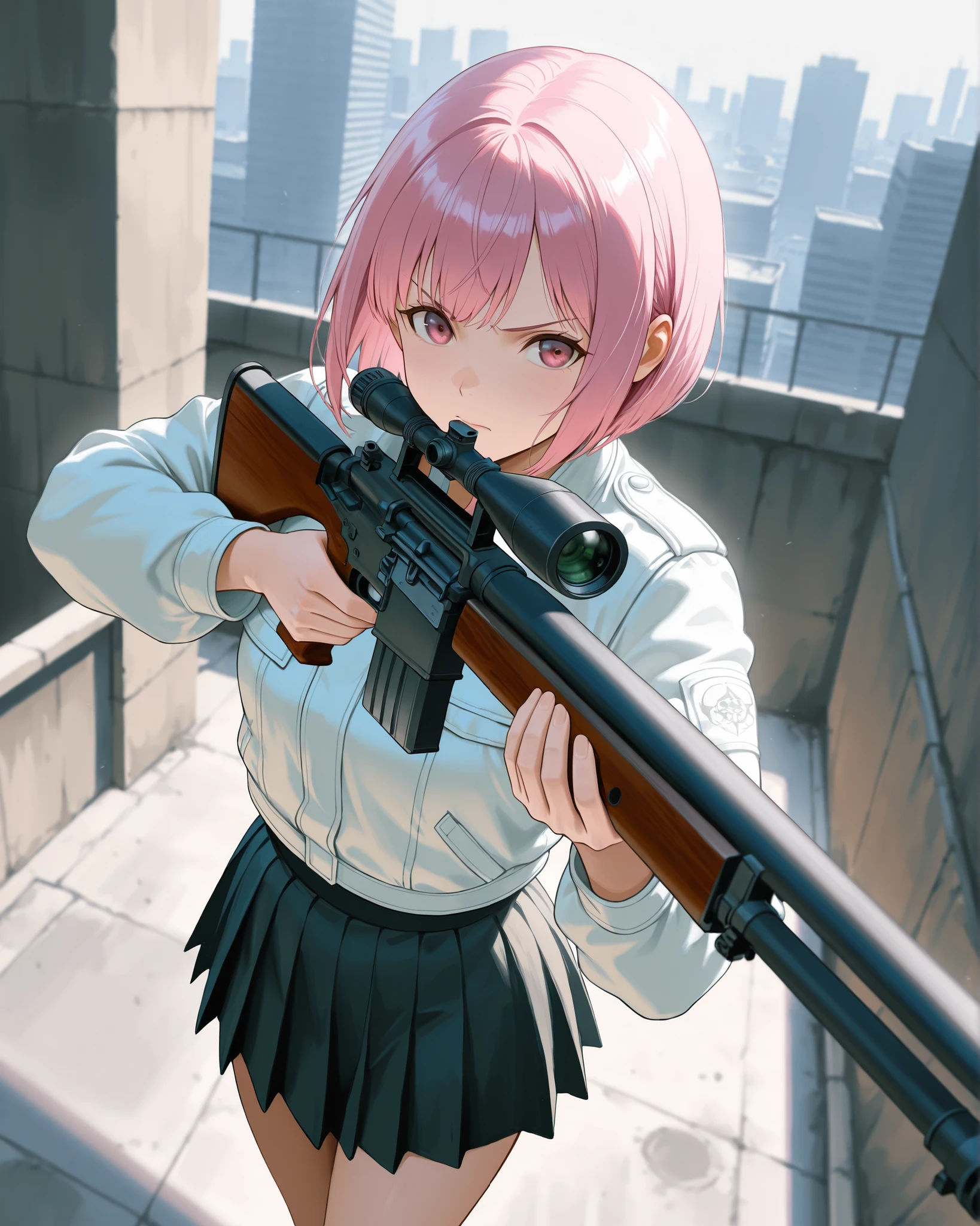 serious expression, short pink bob hair, light jacket over dark top, skirt, minimal accessories, standing pose, aiming a scoped sniper rifle, focused gaze, smooth skin, urban rooftop background with buildings, daytime lighting, shadows cast to her left, tense atmosphere, front view angle, sharp focus with clear depth of field, well-exposed, no motion blur.