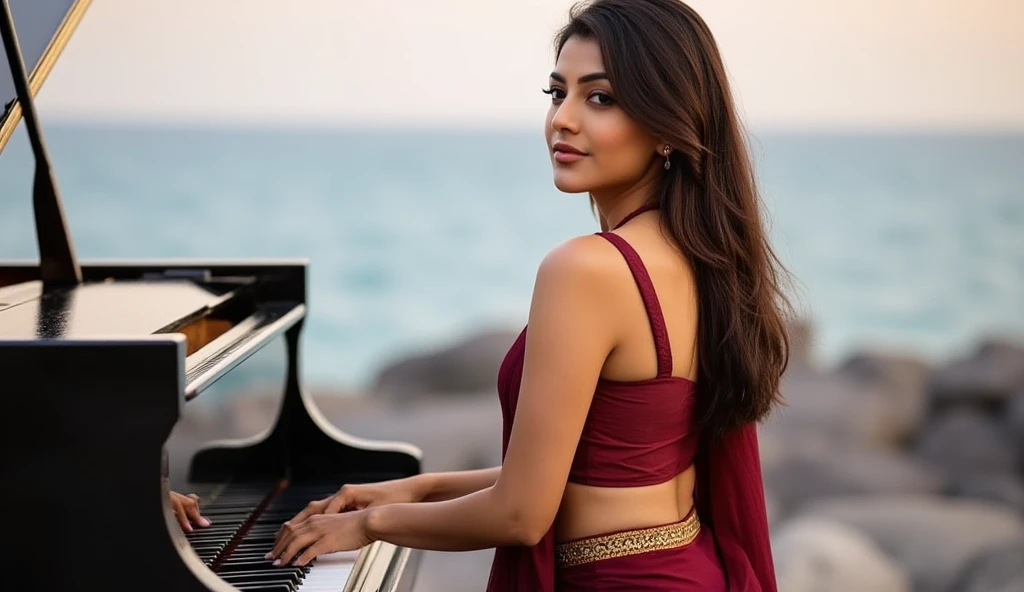 Close-up of a young indian woman, curvy and thicc body, 20s-40s, playing a stringed instrument on a rooftop at dusk, dressed in flowing silk, with a peaceful expression, against a backdrop of the setting sun