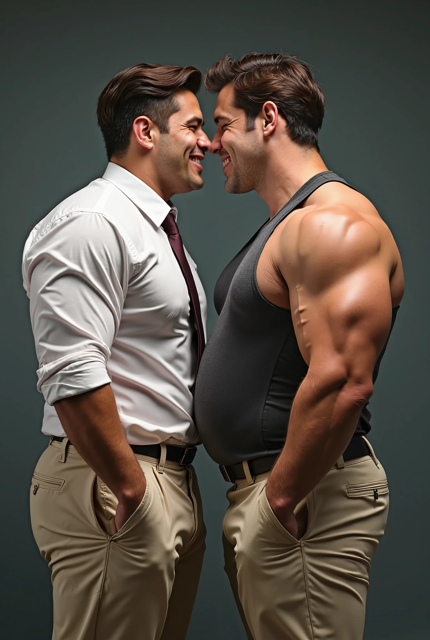 Two male college football players, Korean, muscular, jocks, at the gym ...