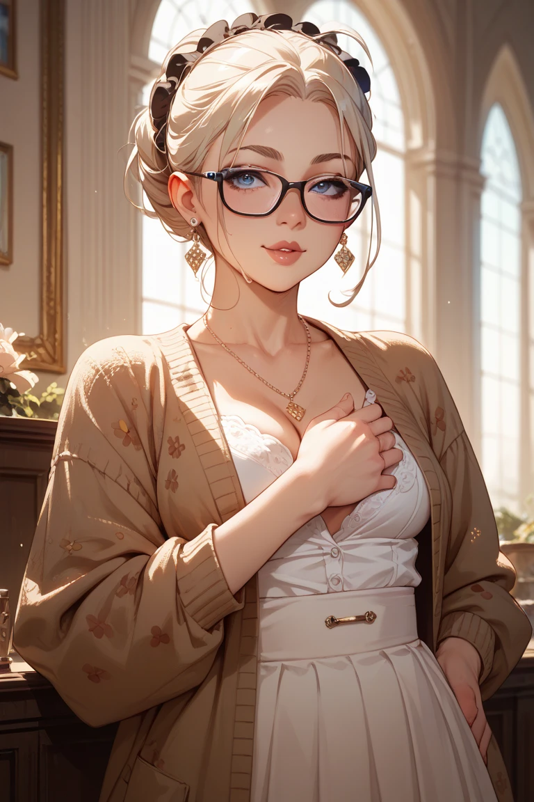 score_9, score_8_up, score_7_up, score_6_up, anime_source, thicc female lawyer, from front, bending forward, leaning on a table, lawyer robe, deep cleavage, blonde hair, hair bun, blue eyes, glasses, necklace, busty, 