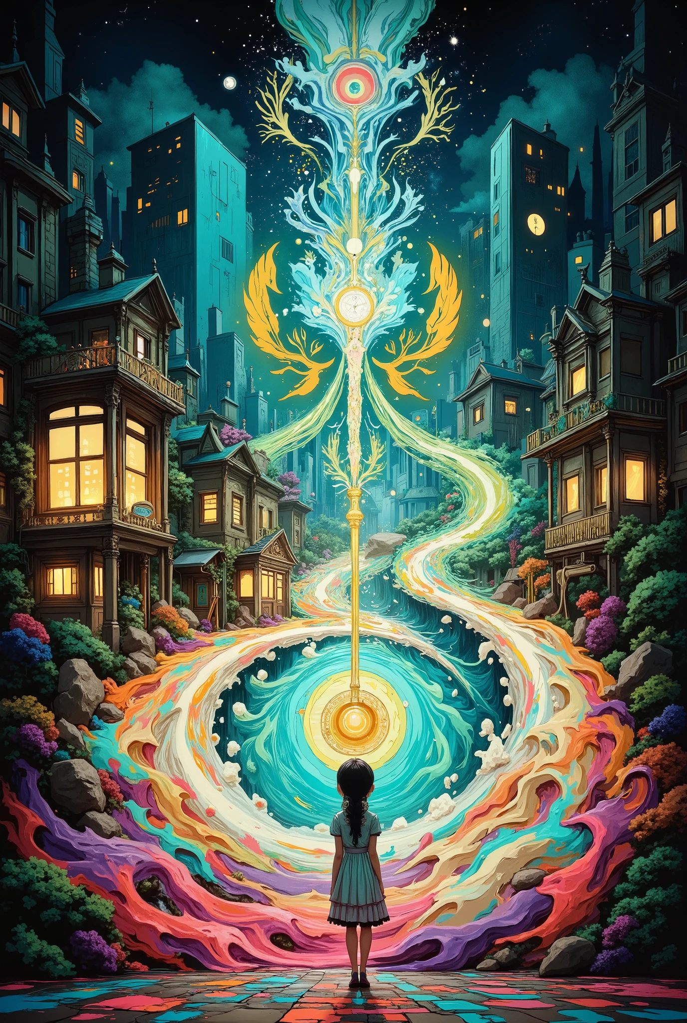 The Huge City in the Moonlight at Night, Beautiful Colors The city is flowing like a river, painting it in different colors, Fantasy, fantasy style, A girl with a beautiful magic bucket in the form of a wooden pot pours paint creating a beautiful stream coloring all the buildings, masterpiece, 8k, difficult details, magic, magic, high detail, beautiful colors, rich colors, Best quality,