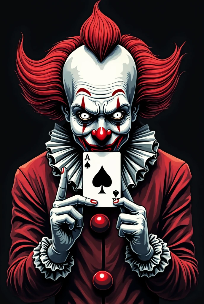 Make a caricature of a skeletal, macabre clown with poker cards in his hand showing 3 aces and a king&#39;s crown on his head, with fire coming out of his eyes, wearing black clothes and hot lava coming out of his mouth and running down his chin