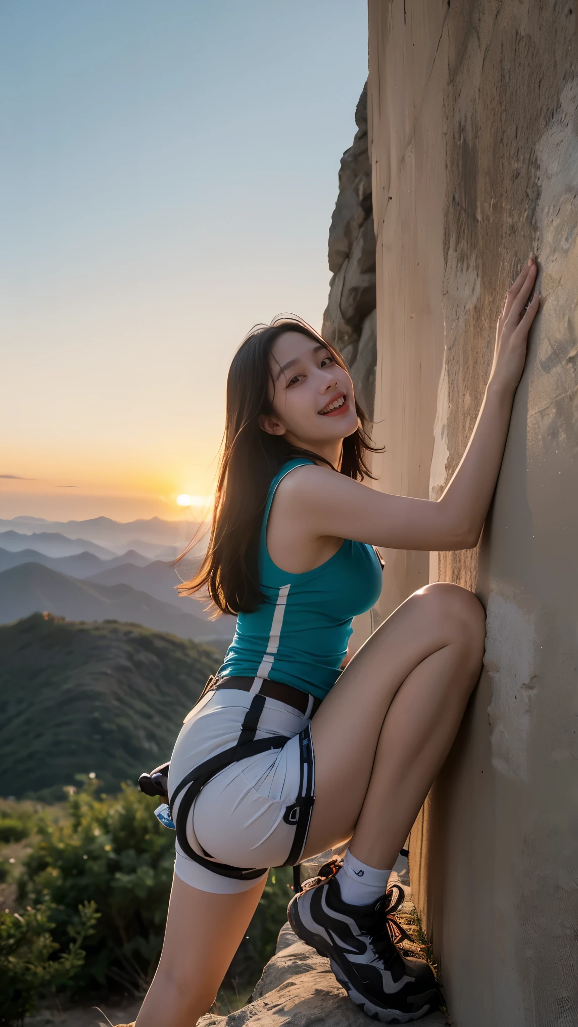 no, ray tracing, radiosity, anisotropic filtering, 16,000, Top Quality, Female 1, alone, mature, Beautiful climber , hiking clothes , long hair slope , climbing equipment、laughs、sunset、Big Breasts 、Taniyama summit