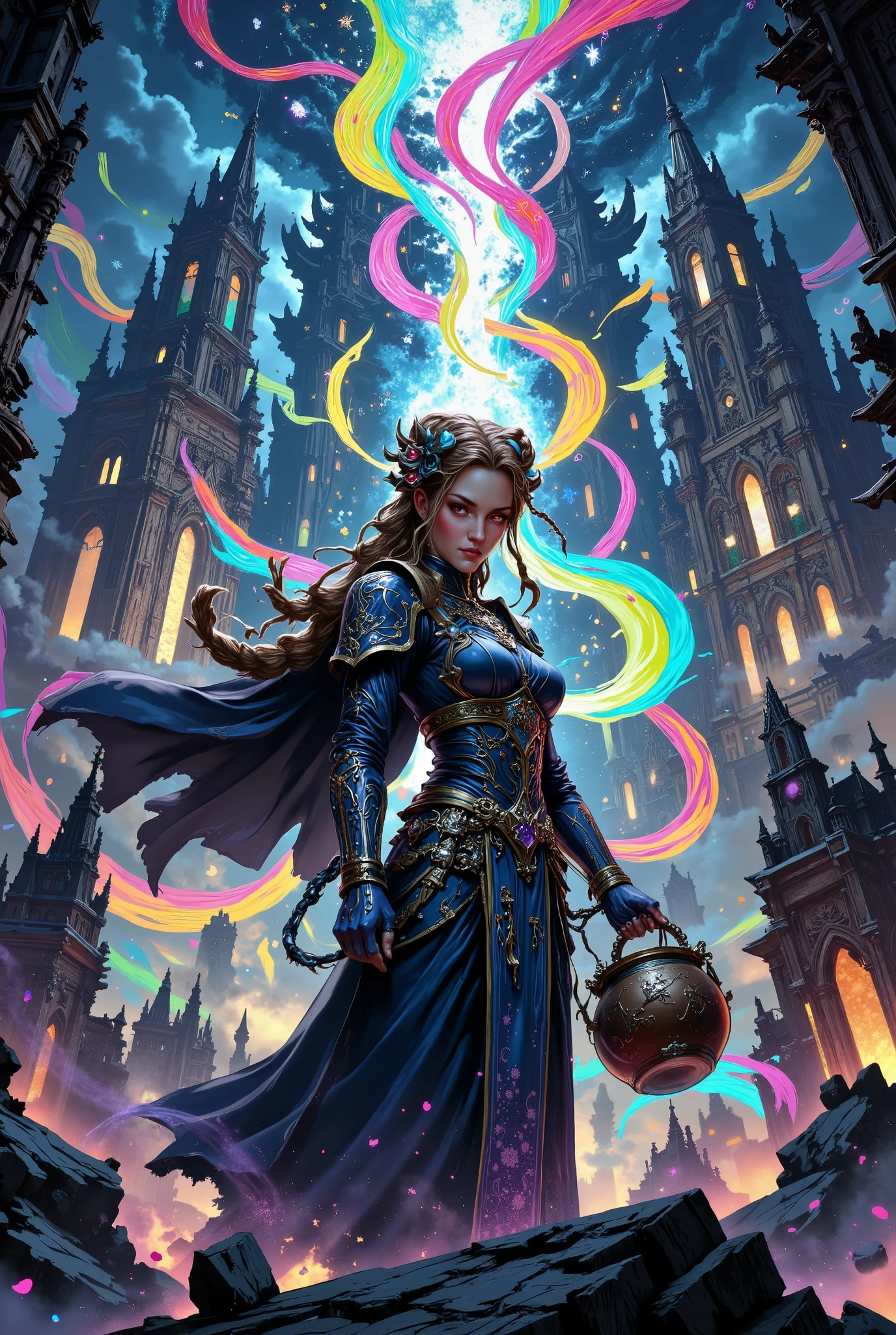 A huge fantasy metropolis, moonlit, bathes in streams of fantastic colors, like a river spilling through the streets, painting buildings in incredible colors.  The central figure is a young woman (20-25 years old ), of Slavic appearance, with long brown hair, braided , decorated with silver beads. She stands on a high tower, turning half-sideways towards the viewer,  pose flows — a slight leaning forward, hand confidently holds a magic bucket, elegantly carved out of dark wood, resembling an old pot, from which her thick, luminous paint, creating fantastic patterns on.  The paint shimmers with all the colors of the rainbow, from deep sapphire to bright gold, creating a flickering effect.  Her face expresses focus and creative inspiration, eyes are full of light and magic.  She is wearing a long dark blue velvet dress, decorated with silver embroidery,  houses with a high collar and long sleeves.  Magic is in the air,  The atmosphere is fabulous, full of charm and wonder. Background — high-rise buildings with Gothic architecture, illuminated by soft moonlight.  Composition – medium shot,  gently tilt the camera down,  8k resolution,  style — fantasy realism,  high detail,  The most realistic image,  Soft lighting, lunar .  Color palette — deep,  rich ,  rich colors,  contrast of light and shadow ,  effect of flickering and shining.