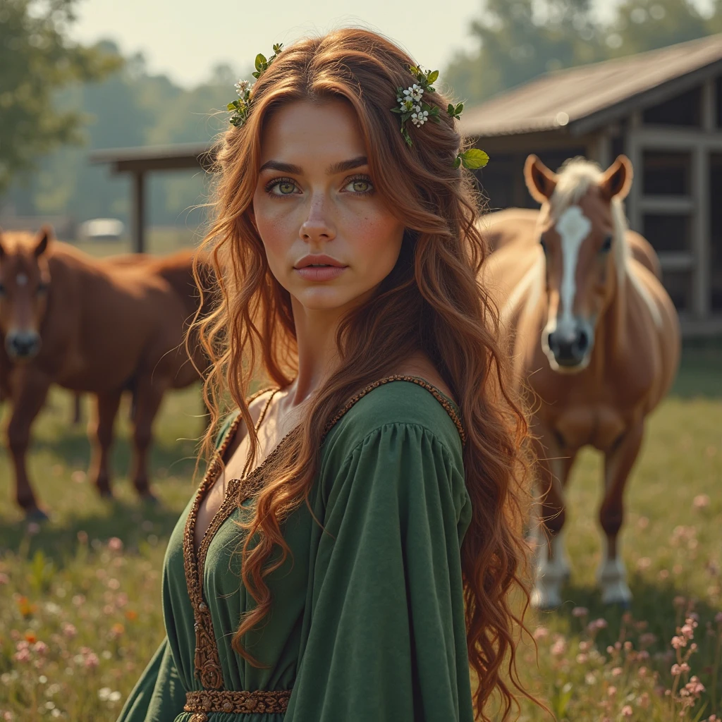 (best quality,4k,8k,highres,masterpiece:1.2),ultra-detailed, 1woman, Celtic goddess Epona, jennao, Chestnut brown hair, hazel eyes, druid gown, standing in a barnyard, motherly, posed gently, looking at viewer, seductive eyes, drawn in the style of Yoshitaka Amano, HDR, 8k, absurdres, cinestill 800, sharp focus
