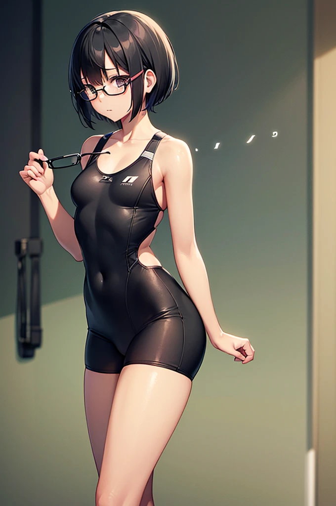 1 girl,masterpiece、beautiful lighting、Detailed beautiful face、Detailed beautiful eyes、hight resolution、Ultra-fine illustration、extremely delicate and beautiful、top-quality、(Leaning back:1.2、Emphasis on the chest、Armpit、Raise both hands,Hands on the head),(eye glass:1.4),School swim wear、blue one-piece swimsuit,、The whole body is shown、Full body:1.7,(A dark-haired:1.3、Pixie Bob, Parted bangs,hair clips、Eyes are purple)、(drooing eyes、The eyes are detailed and beautiful、Kamimei、Head tilt:1.5),Curvaceous,、A smile、(shinny hair, Glossy eyes, shinny skin), (glistning skin) 、thighs thighs thighs thighs、Watch your audience、blushed、(Thin pantyhose:1.3)、Blushing cheeks