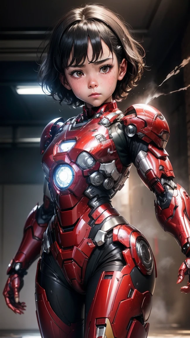 Highest quality 8k Iron Man suit girl Elementary school girl sweaty face cute Short Hair boyish Steam from the head Unfocused eyes Cramp a weakened look Drooling from the mouth