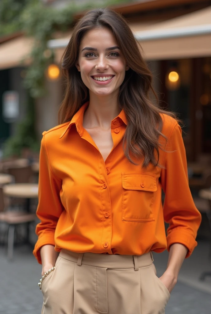 her name is Yasmin Fatima, high quality, ((mature)), ((white pale skin)), 1girl, ((30-year-old fit Swiss woman)), ((30 years old)), ((fit)), ((brunette)), pose: standing, wearing stylish (((light-yellow blouse and jeans))), BACKGROUND: carousels, random pose, cranky hair