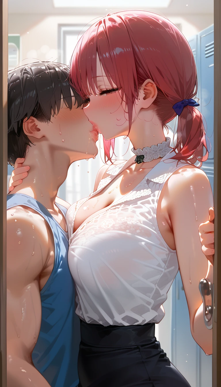masterpiece, best quality, unity 8k wallpaper, illustration, very detailed, ((ache,moaning,여성 1 person,1 person, first sound)), whole body,wet clothes, sweat, Warmth, stiff, big bust, plump body ((By the stream))(((Forcibly kissed)))(kiss a man),solid brown male body