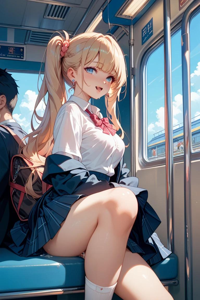 NSFW, head back and upside down, cleavage from above, waist and buttocks from above, The girls buttocks are pressed against the viewers lower abdomen, on the train, back, buttocks, viewer's own abdomen and penis, sex, reverse upright viewer's abdomen, standing girl for Back doggy style sex Rape, (Masterpiece, Super realistic, Super details, Super Highest Quality, Super Highest Quality), super cute and beautiful girl, You are male professional photographer, Japanese gal, For dark brown eyes, Blonde yellow hair, Pink ribbon, gal make-up, False eyelashes, Pearl pink lips, Unbuttoned out Hemmed sailor red open collared open front white shirt, (Very thin shirt:1.3), beautiful side face focus, big open mouth, (brown eyes:1.4), big round chest, BREAK, (Half down two side up blonde very long hair style:1.4), (Wider at the hem flabby large in size Super Loose Socks:1.4), An innocent , (skin fang:1.2), realistic cute Japanese girl, standing pose, wear white unbuttoned shirt, low-rise pleated plaid micro mini skirt, Japanese cute girls, long hair, blonde hair, two side up, hair ribbon, pink ribbon, frills, opened sailor collar, necktie, white shirt, long sleeves, red skirt, from behind POV, (shirt trimmed with white frills:1.4), She arches her back very much, from above, head back Chin up close face focus from above, The angle of view is such that it looks like you, the male viewer, are actually standing behind the girl and having sex from behind. vaginal sex, inserted penis, spread buttocks,