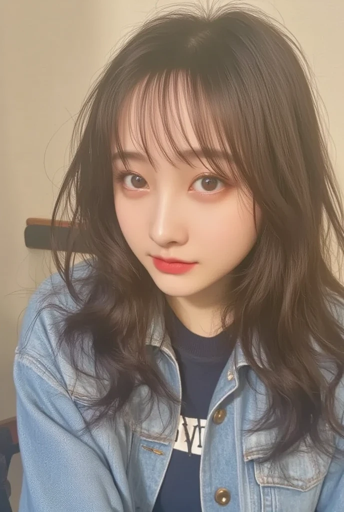 Portrait of a young East Asian girl in a navy blue and white sailor-style . She has long black hair styled in two braids, with straight bangs across her forehead. The girl has large, dark eyes and a small, delicate nose. Her expression is neutral, looking directly at the camera. The background shows a dark blue wooden wall with some green ivy or vine leaves visible to the side. The lighting is soft and natural, creating a slightly moody atmosphere. High-resolution image with sharp focus on the face