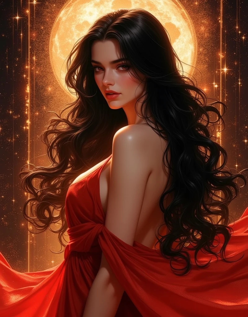woman (((((serious, looking down, (([african:european:0.5])), night, dark, full moon, red evening gown)), fangs, black lips, dark makeup))), posing, dynamic cinematic pose, at night, dark, feminine athletic detailed body and face, highly detailed expressive , space above head, depth of field, ultra realistic, Fujifilm, BREAK (long dark hair), (((8k, hyperrealistic)))