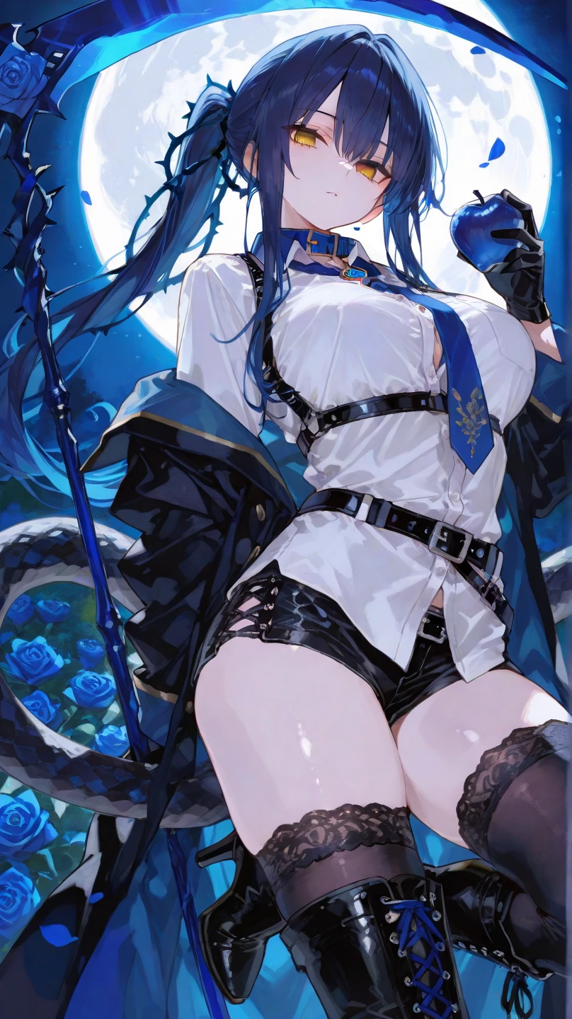 ((16k,Raw photography,top-quality,hight resolution,Ray tracing,PBR Texture,Post-processing,)),(((Dark Blue Leather Bondage Skirt , Cute Japan anime girl,魔法少女まどか☆マギカ,Homura Akemi,Long long indigo hair,Emphasize cleavage,bare hand,Thin leg,The number of accurately drawn fingers,Slender legs,Limbs are2There are only books)))(finerly detailed face:1.4),(masterpiece:1.4),(top-quality:1.4), Beautiful fine skin,(cute little:1.5),(Complex fishnet stockings),pin heels,Leather luster 3.0,Beautiful skin,(Bodycon with beautiful embroidery),((tthin eyebrows,long eyelashes,smil,二重まぶた,)),(((No title required,Don't write,No letters))),Do not wear anything on your shoulders, Awkward figure, activity,Create beautiful light effects on the background、Create a confetti effect on the background,