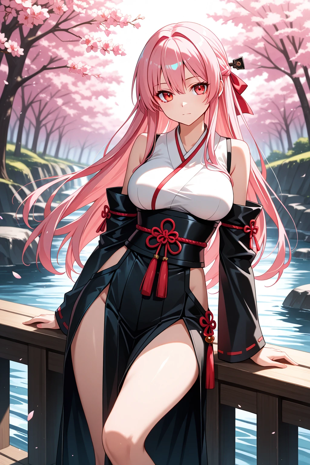 4K,High resolution,one woman,pink hair,short ponytail,green eyes,big breasts,ninja,ninjaの服,side boob,Japanese sword,Japan castle town