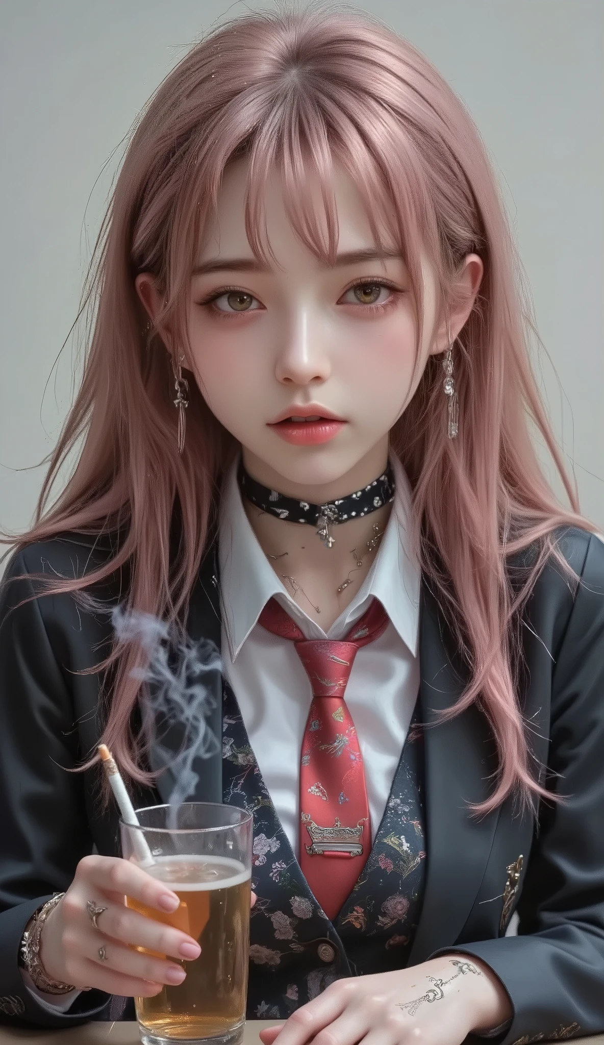 ((real mix、 ultra high definition image 、Top Quality、masterpiece))、((Wear a Japanese girls' high school、white thin fabric short sleeve blouse、red ribbon tie、check mini skirt))、((Beautiful Japanese girl、long hair dyed pink、pretty face、二重eyelidの大きな目、アヒルのlips、厚いlips))、((slender figures、Round and beautiful breasts、constricted waist、long legs、Long arms))、(((Realistically accurate depictions with all detailed details、(lots of earrings、nose、ear、lips、eyelid:2.0)、Mr.々Accessories、( Beautiful Tattoo 、bold tattoo:2.0)、))、(((He holds Japanese canned beer in his left hand、Draw canned beer realistically and accurately、I'm picking a cigarette with my right hand and smoking、Real cigarette smoke、喫煙するMr.子をリアルに正確に描く、Bad attitude、Sit at the desk、Smoking with feet on a desk - smoking、smoke - smoke:2.2)))、((((Beautiful high school girl smoking cigarettes, drinking canned beer, and relaxing、Draw smoky cigarettes realistically and accurately))))