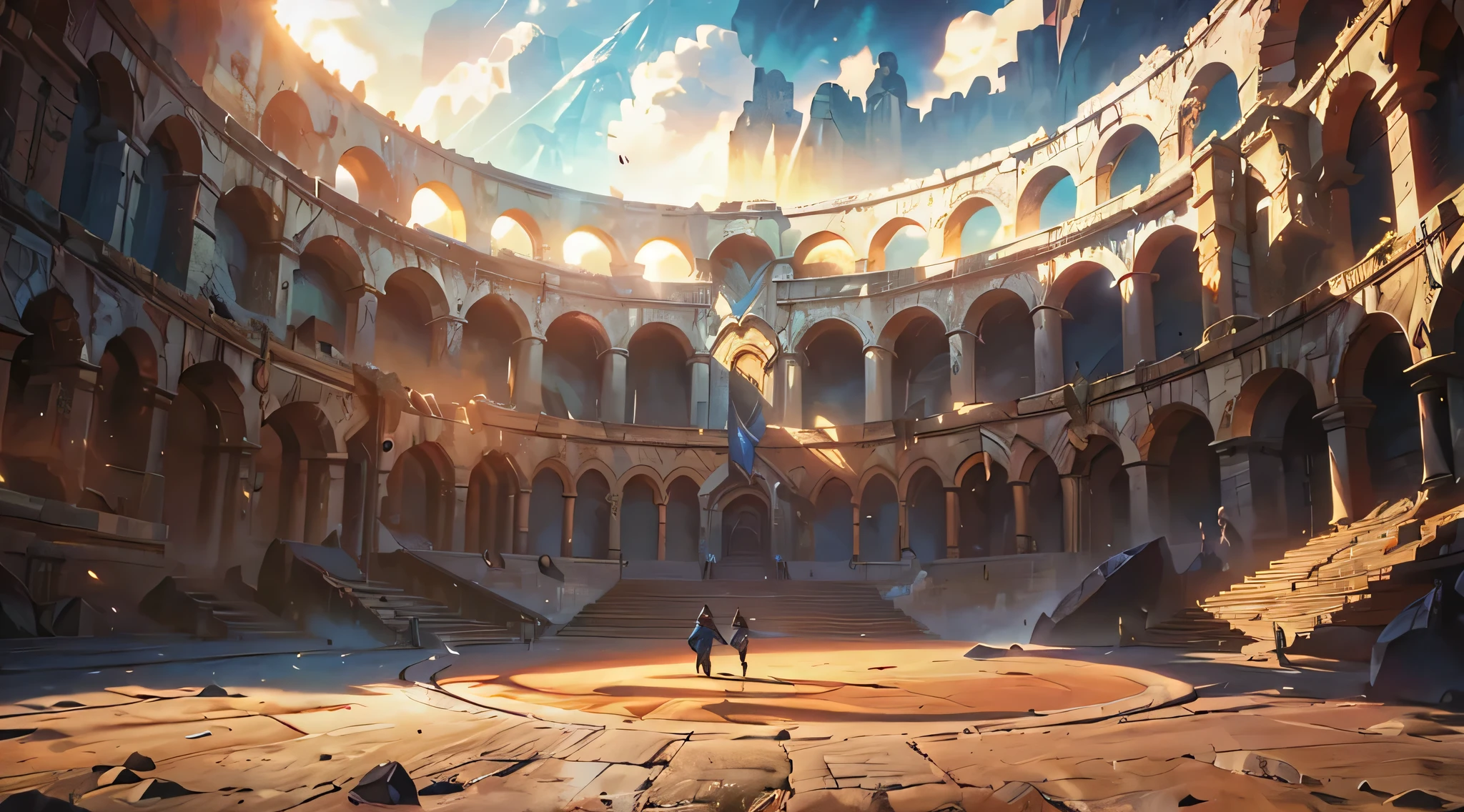 手绘风格,A majestic ancient Roman colosseum interior, (League of Legends art style:1.4), (Riot Games stylized rendering:1.3), (vibrant saturated colors:1.3), (dramatic low-angle perspective:1.2), (strong foreshortening:1.2), looking upward from the arena floor, (stylized fantasy game art:1.3), towering arched architecture looming above, (powerful depth and perspective:1.2), bright golden sunlight streaming through upper arches, illuminating a circular stone arena, multiple tiers of arched colonnades receding into distance, (bold color palette:1.2), rich blue sky, vivid orange banners hanging from walls, ornate gold emblem on distant wall, snow-capped mountains visible in background, epic fantasy lighting, heroic atmosphere, (stylized proportions:1.1), clean sharp lines, high contrast, digital illustration, 3D game environment art, polished game asset quality