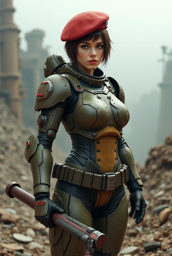 (best quality, masterpiece, highest detailed), (photorealistic:1.2), raw photo, a woman in fantastic armor, ((old, rusty armor), stands in the middle of the rubble, looking at viewer, (in the background there are ruins of the city), fallout style, looking at the viewer , fantastic style, post-apocalysis, (vibrant color), (intricate details), exposure blend, dim light, (hdr:1.4), high contrast, (muted colors, dim colors, soothing tones:1.3), low saturation, morbid