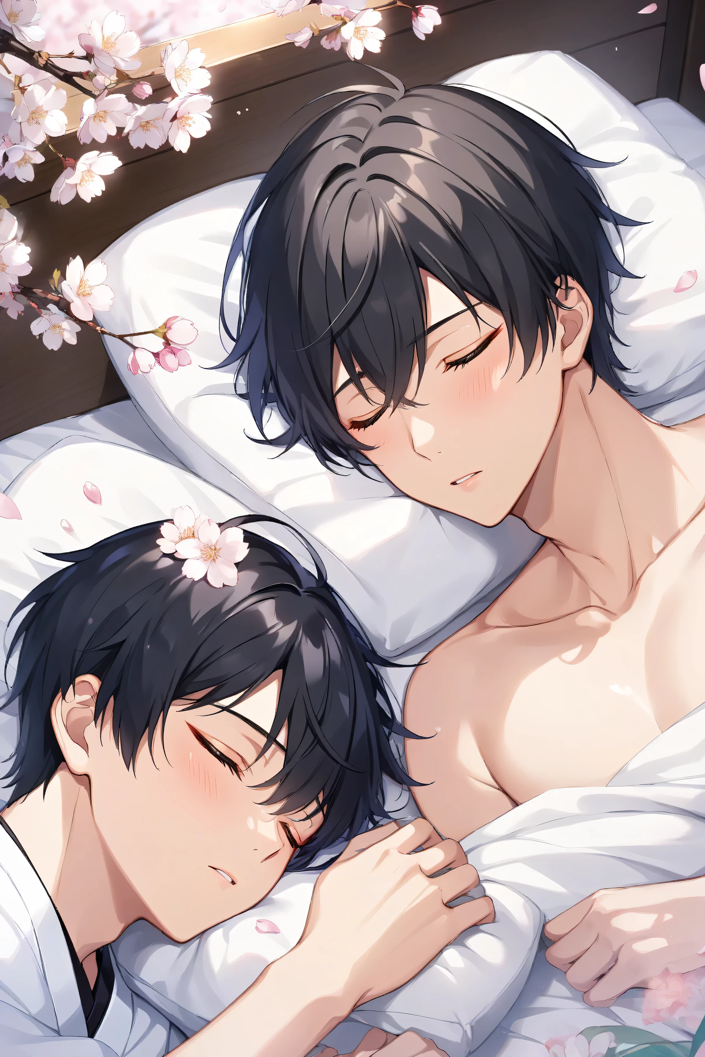 high quality, (Two Japanese boys sleeping in bed), (black hair short), (shiny skin), Black Briefs, white cherry blossoms,