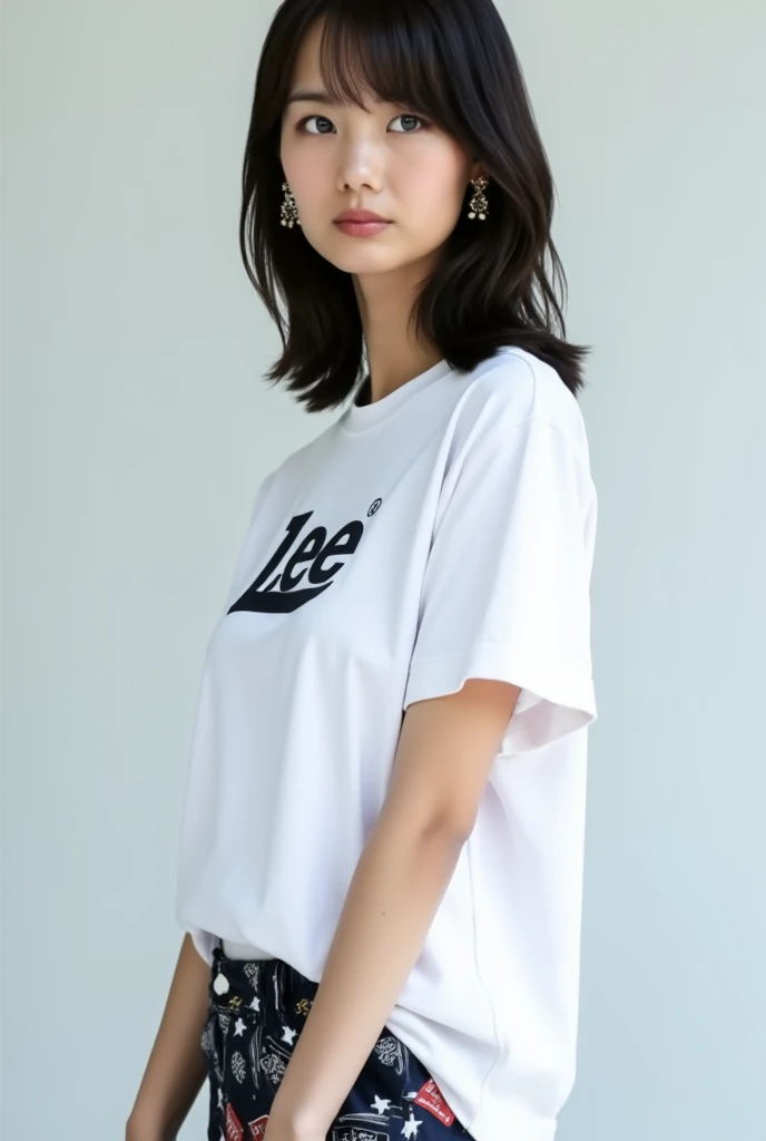 Headshot of a Japanese woman modeling wearing a Lee logo t-shirt and cool Honda logo chinos
