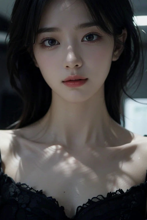 ((Best quality, 8k, Masterpiece :1.3)), Image of a pretty asian girl superidol. Long black hair:1.3. (Beautiful asian girl in kimono), ((black kimono)). Big breasts:1.3, close up cleavage. ((Bare shoulders _depth of field)), atmospheric perspective, Volumetric lighting, Clear focus, absurd resolution, Realistic proportions, Good anatomy, (realistic,Hyper-realistic:1.37), 16K HD, INFO. ((dark background)), ((black background))