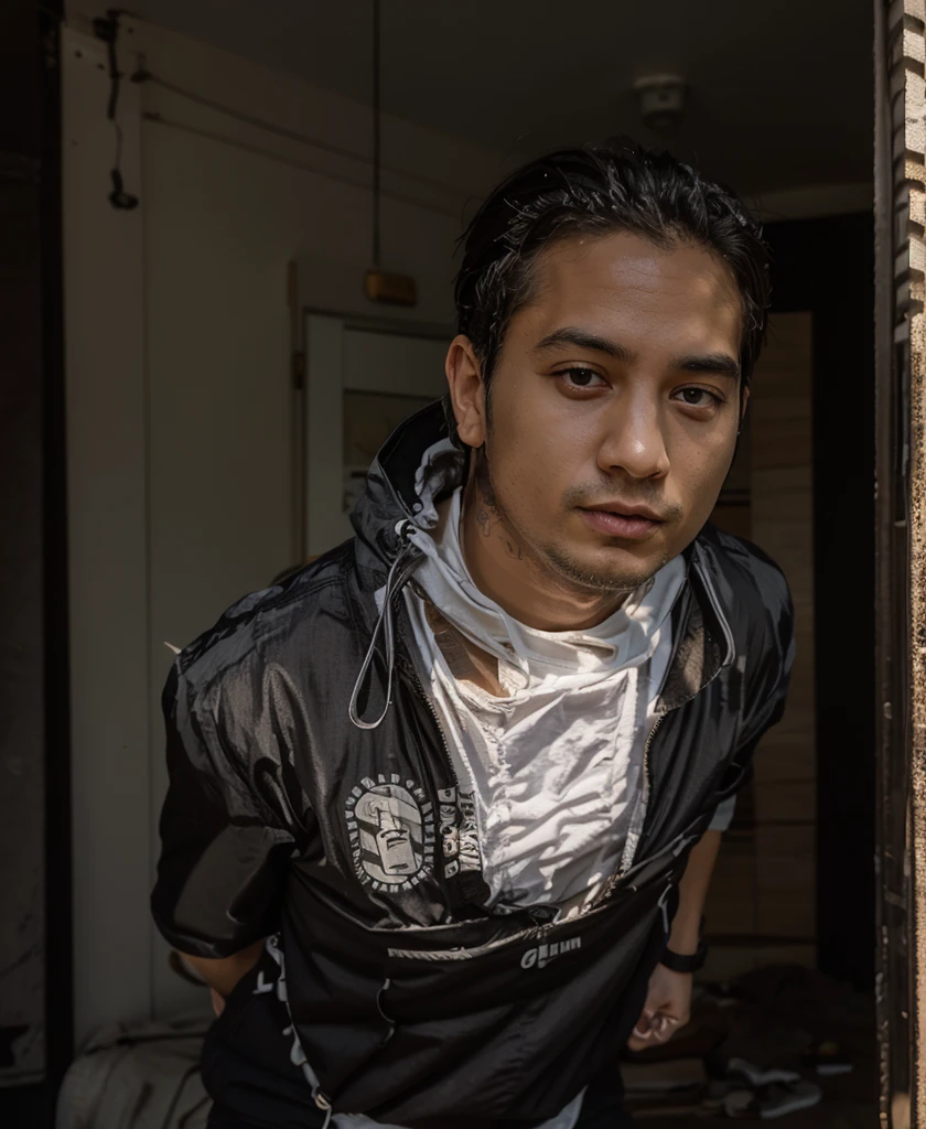 a 20-year-old Indonesian-looking man with a thin body, wearing a black cap on his head, wearing a white t-shirt that says "Jancuk raimu", wearing a shawl from a brown sarong, torn jeans, is running scared, being chased by the ghost of a beautiful woman but his face is pale, wearing dirty white dress, dark night atmosphere, in a small alley in a dirty old town, looks real, professional photographer