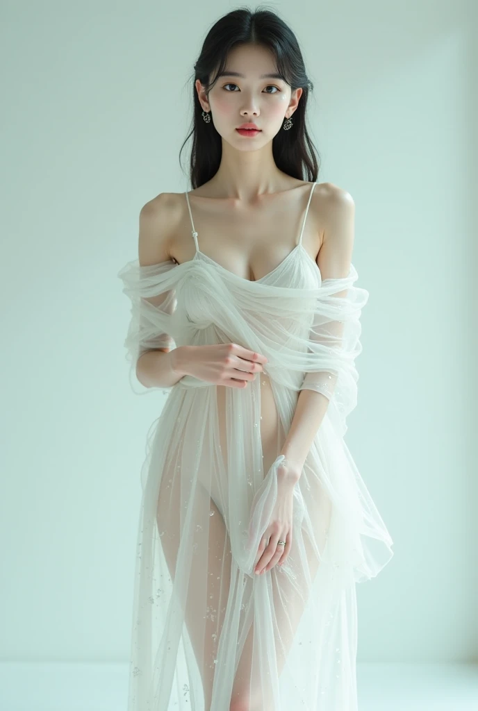 Minimalistically dressed woman, with surreal jellyfish circling in a studio-lit gray scene, fashion photography composition