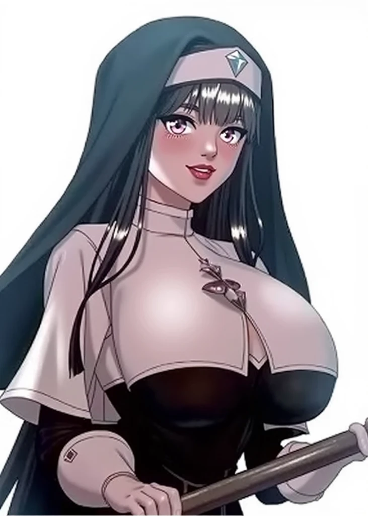 Hot sexy beautiful nun milf mom ,big long cross earrings,brown hair,blush,brown eyes, necklace ,wavy blunt hair, lipstick,huge
 breasts ,nun uniform , cleavage 