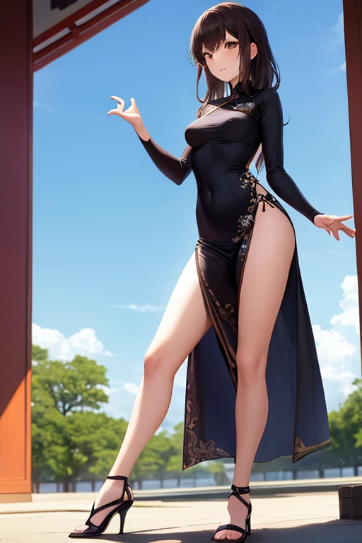 a sexy woman, (best quality), (masterpiece), (1girl), slim, anime, (flat chested), (chinese dress), (running), (protrait), (naked legs)