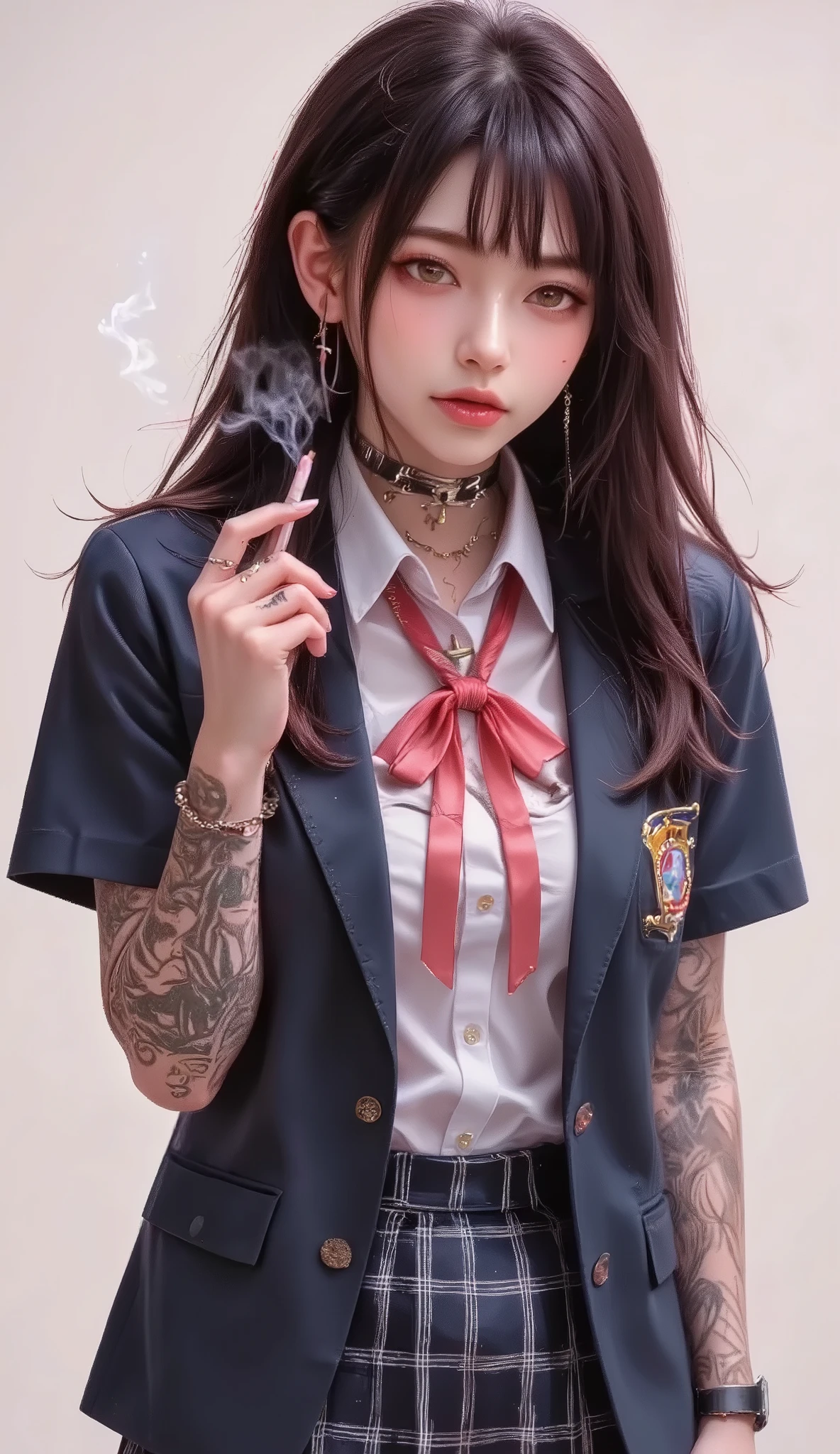 ((real mix、 ultra high definition image 、Top Quality、masterpiece))、((Wear a Japanese girls' high school、navy blue blazer、emblem、white thin fabric blouse、red ribbon tie、check mini skirt))､((Beautiful Japanese  girl、long hair dyed pink、pretty face、二重eyelidの大きな目、アヒルのlips、厚いlips))、((slender figures、Round and beautiful breasts、constricted waist、long legs、Long arms))、(((Realistically accurate depictions with all detailed details、(lots of earrings、nose、ear、lips、eyelid:2.0)、Mr.々Accessories、( Beautiful Tattoo 、bold tattoo:2.0)、))、(((He holds Japanese canned beer in his left hand、Draw canned beer realistically and accurately、I'm picking a cigarette with my right hand and smoking、Real cigarette smoke、喫煙するMr.子をリアルに正確に描く:2.2)))､((((Beautiful high school girl smoking cigarettes, drinking canned beer, and relaxing、Draw smoky cigarettes realistically and accurately、realistically and accurately the size of a beer can、Scale))))