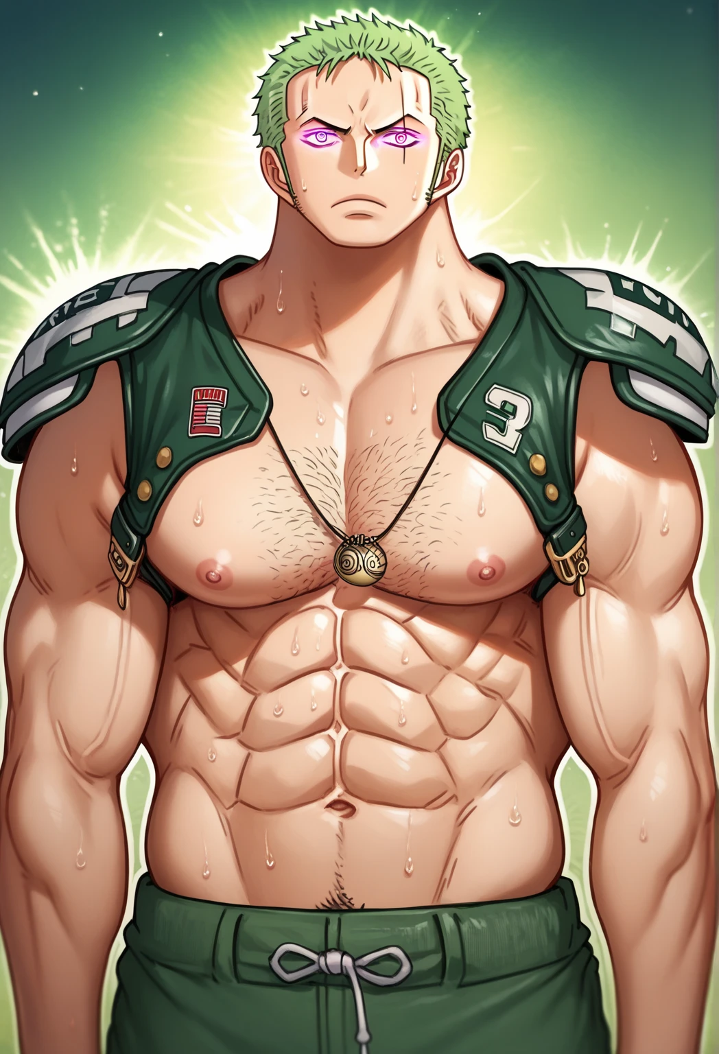 Anime guy shirtless muscular with green hair