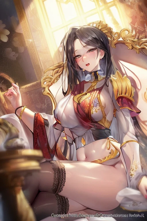 Anime girl in oriental costume sitting in red chair,Holding a vase of flowers in his hand, seductive anime girls, a beautiful fantasy empress, beautiful and seductive anime woman, Palace , A girl in Hanfu, by Yang J, ((a beautiful fantasy empress)), Beautiful character painting, Japanese goddess, Extremely detailed Artgerm, trending on cgstation, full-body xianxia