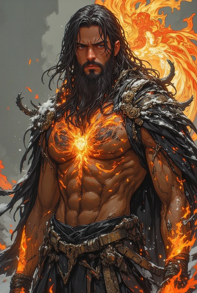 A man born from dust, with a cloak. He is brown and has long black hair and a beautiful body and a combination of dirt and sword that creates a big earthquake and inside his sword is a line through which dirt and fire pass. He is wearing a dress made of stone and inside the dress is a line through which dirt passes.