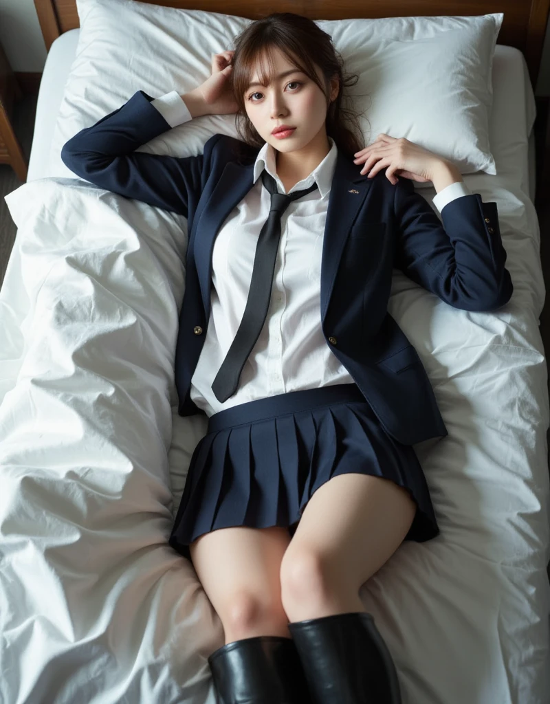 (masterpiece:1.2), super high quality, japanese girl, (super realistic), (super photographic style), 1girl, ((full body)), at noon, fine day, straight hair, (18 years old), (((legs))), large tits, (cute face), (((school uniform))), lying on her back on a bed, head on the pillows, view from sky above, ((closed eyes)), ((legs spread)), both hands on her head,