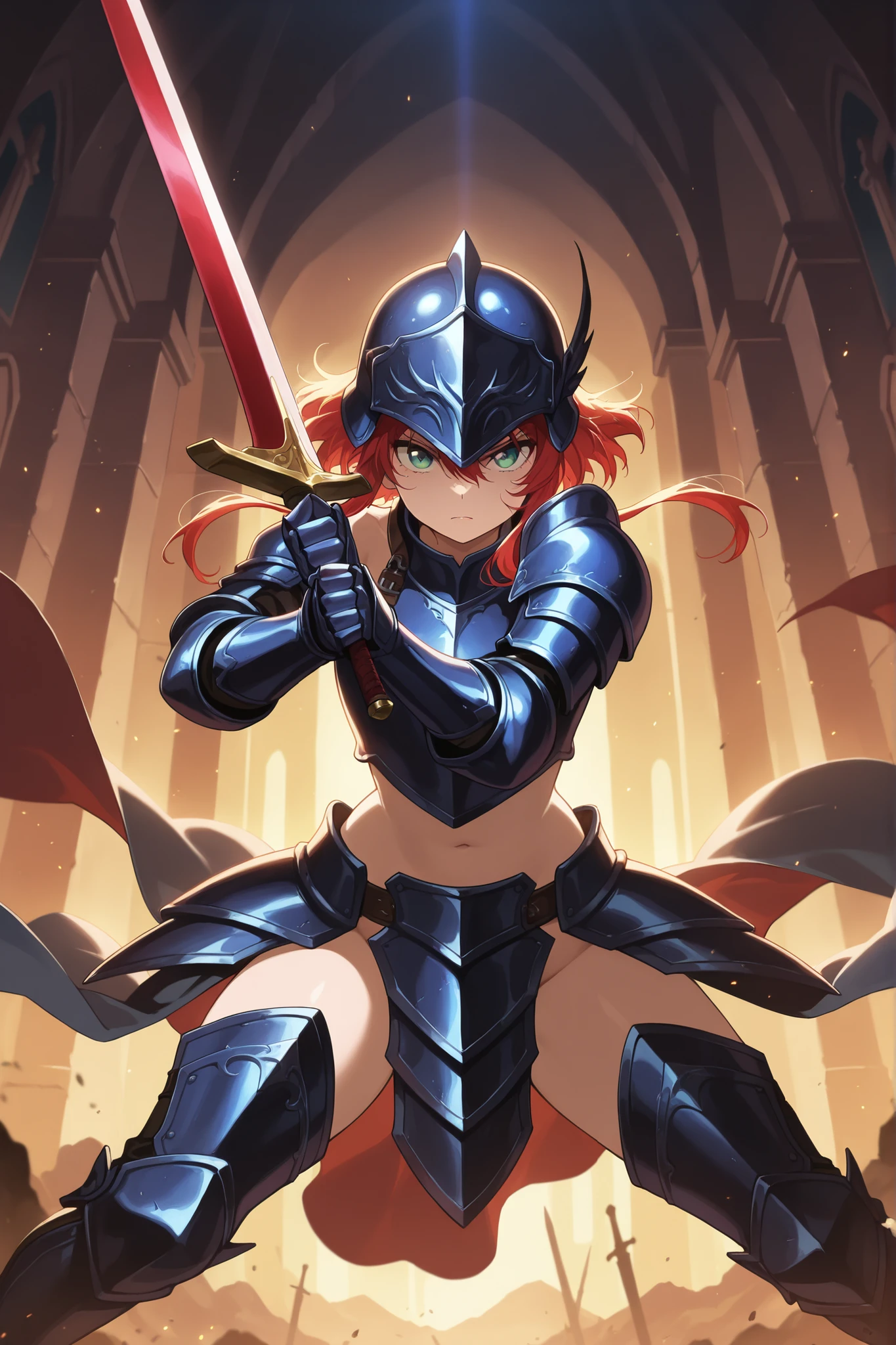 Girl1, solo, Phantoma, hells 2008, anime_style, helmet, blue cape, black bodysuit, blue breasts, grey skin, red hair