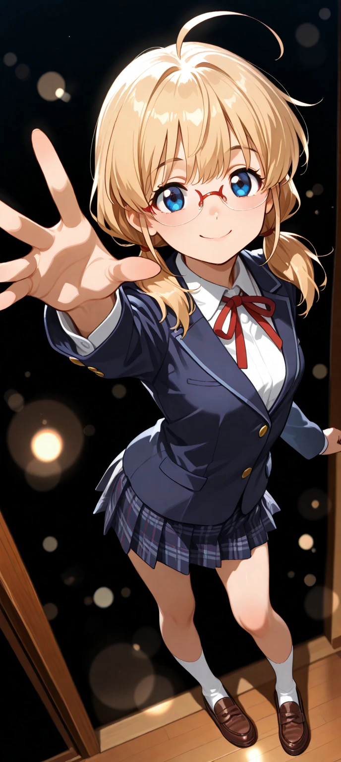 masterpiece, highest quality, High resolution, Airoha, medium hair,  neck ribbon, collared shirt, blazer, black jacket, open jacket, long sleeve, plaid skirt, outdoor, smile, red面, 白いthighs, evening, (big胸), (big:1.5), (wide pelvis), (Are standing), (とてもbig_lower body:1.5), (Very thick_thighs:1.5), (完全に露出したpanties:1.5), (panties丸見え:1.5), (red_race_It&#39;s stuck in_panties:1.5), (lift the skirt:1.5), (スカート that rolls up:1.5), (股間のアップをfrom below見上げる_perspective:1.5), (from below:1.5), (looking at the viewer), (cowboy shot)