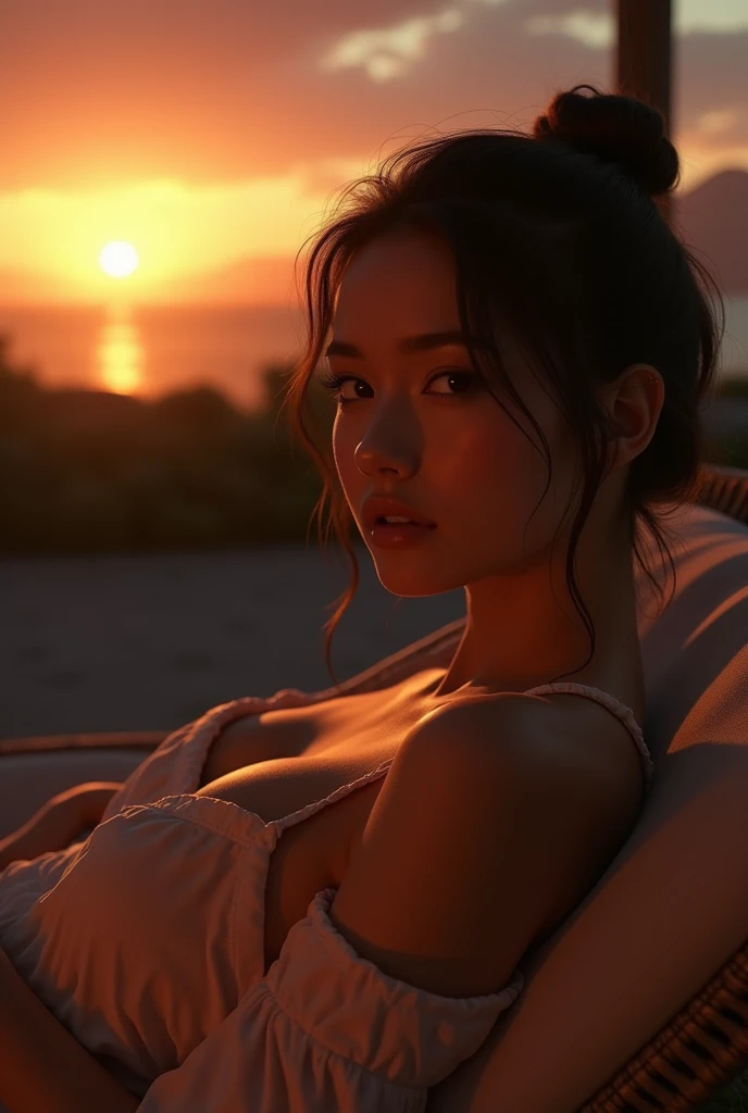 Night scene, close-up photo of lovely girl in thong, small breasts, bathing near the waterfall, body soaked in water, lean cheeks, wet hair, chin up, seductive face, no bra, stones, pure water, cleavage show, water on the body, realistic pores on the body, look up at the sky and smile, black ponytail hair, (blue eyes: 0.8), beautiful adult face, 20 yo, soft volumetric lights, (backlit: 1.3), (cinematic: 1.3), intricate details, (ArtStation: 1.2)