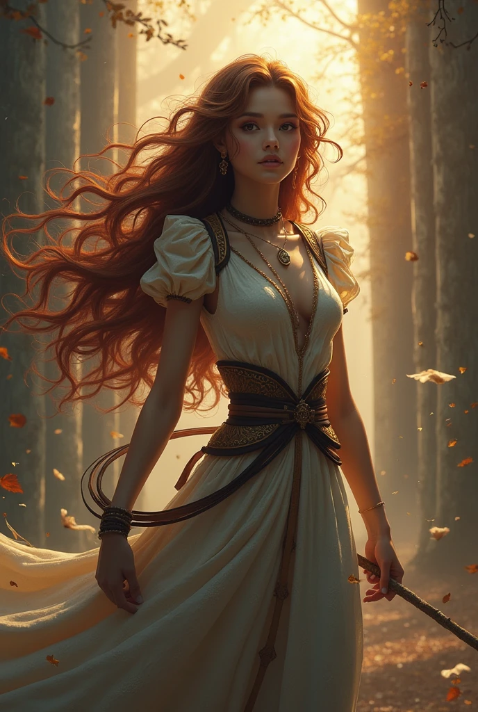 advdnd2023, novel illustration, intricate art, 1girl, female, redhead, long hair, beautiful body, realistic light and shadows, painting, open field, white dress