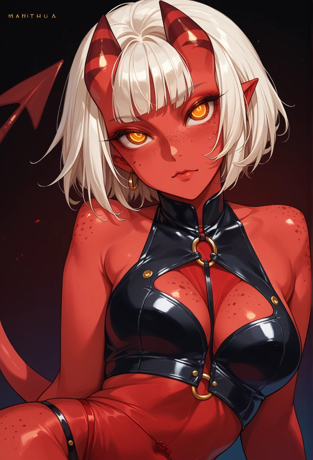 1girl, solo, oni girl, japanese kimono, medium breasts, Black kimono, bare shoulders, Cleavage, Demon Horns, Long, sharp claws, tooth, 