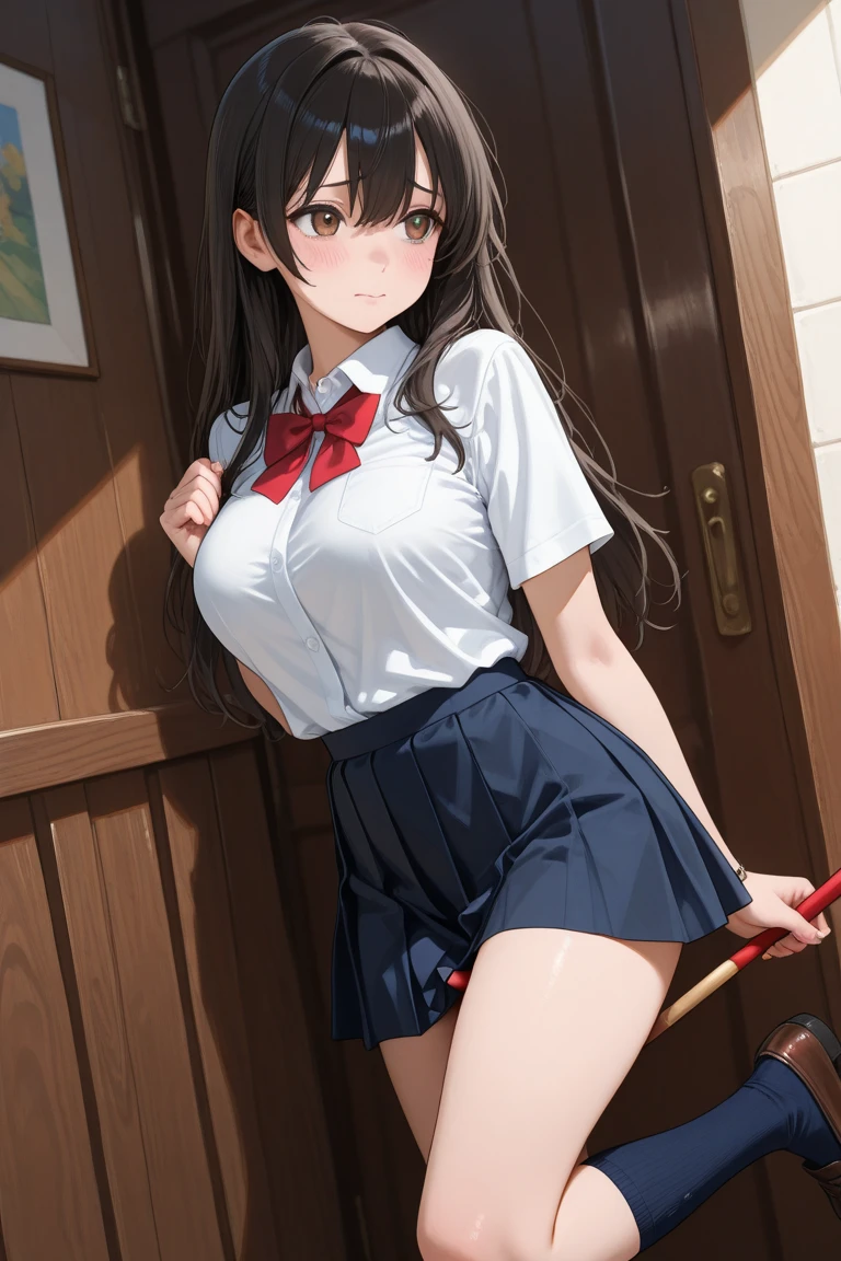 ((Tabletop, Highest quality, High resolution, , Pixel Perfect, 4K,))), 2 women, 、The whole body is visible、 ((Long Wavy Hair, bangs, Brown Hair)), ((Brown eyes, Beautiful eyelashes, Realistic eyes)), ((Detailed face, blush:1.2)), ((Smooth texture:0.75, Realistic texture:0.65, Realistic:1.1, Anime CG style)), Big Breasts, Dynamic Angle, Perfect body, (( , , Schoolgirl uniform、Sailor suit、White shirt、Pleated skirt、 、、Floral lace panties 、)), On the way up the stairs、Big staircase in the city、、、Very embarrassing panic smile, 、、The gesture of holding the skirt with your hand、、、、、、 、Angle from below)、